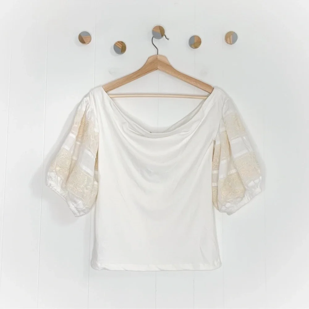 Free People Cream Blouse with Lace Puff Sleeves